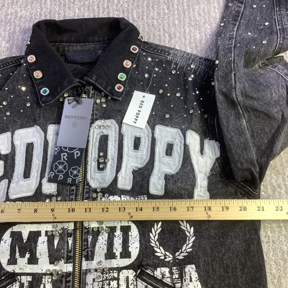 Red Poppy Mens Black Wash Embellished Graphic Denim‎ Jacket XS NWT